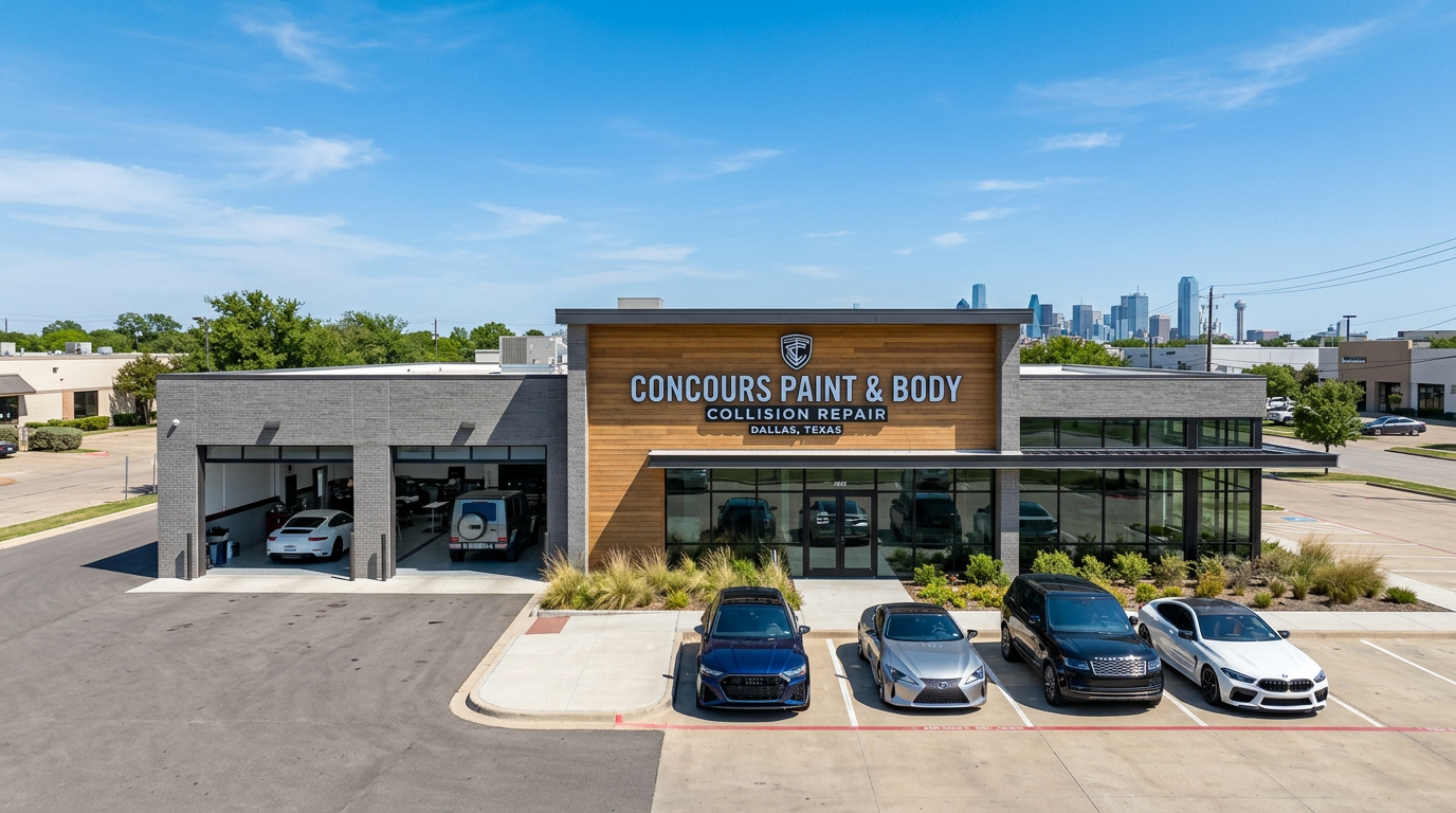 Concours Paint and Body shop exterior in Dallas Texas