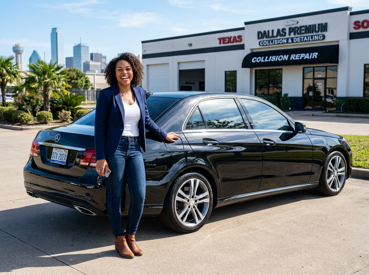 Happy driver standing next to clean restored car in Dallas