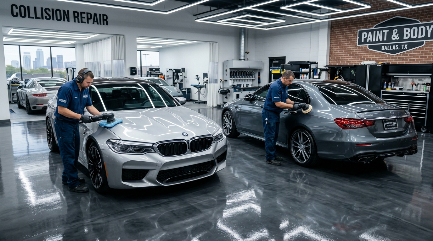 Luxury vehicles being restored inside the Concours Paint and Body collision repair center in Dallas