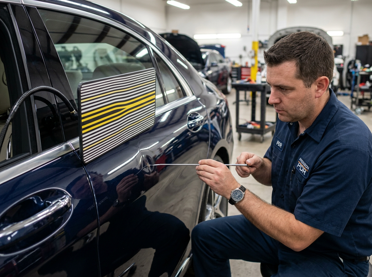 Paintless dent repair PDR technician smoothing panel crease in Dallas